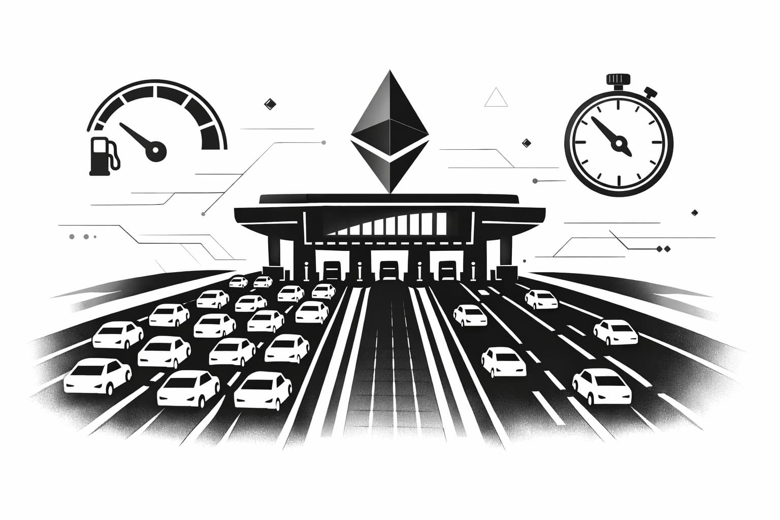 Ethereum transaction highway toll plaza illustrating NFT gas fees and network congestion