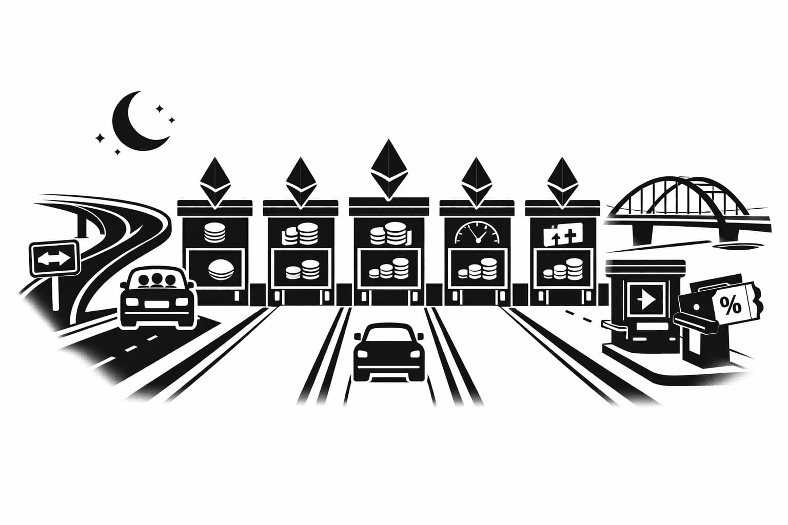 Illustration of highway toll booths symbolizing ways to reduce Ethereum NFT gas fees