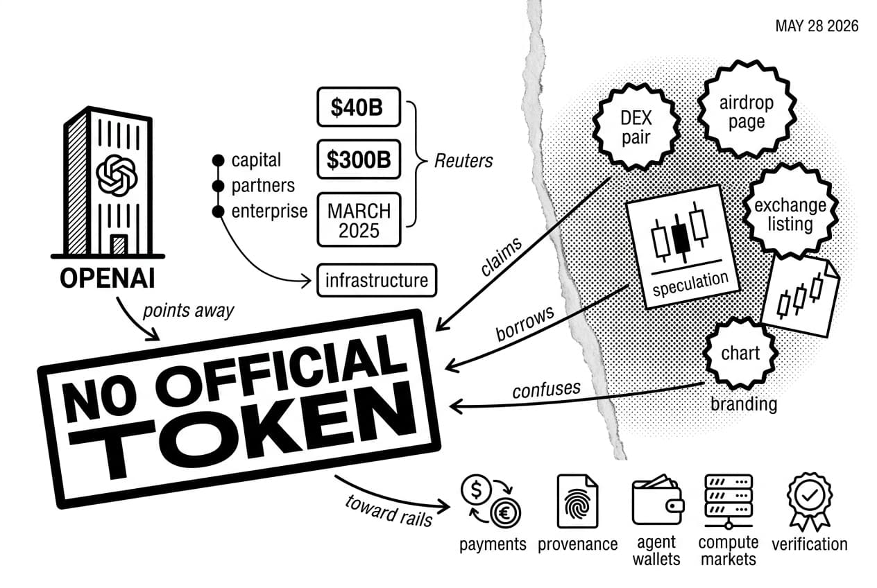 Infographic showing OpenAI pointing away from crypto token speculation toward infrastructure rails