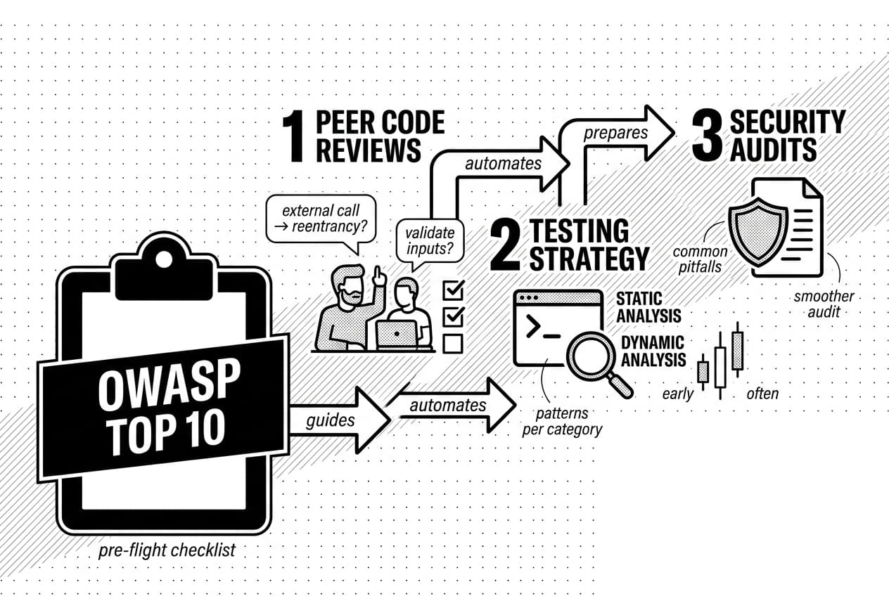 Monochrome OWASP Top 10 clipboard workflow diagram guiding reviews, testing strategy, and audits.