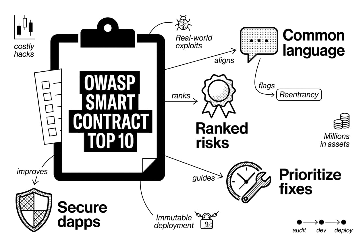 Monochrome infographic clipboard labeled OWASP Smart Contract Top 10 with callouts on ranked risks.