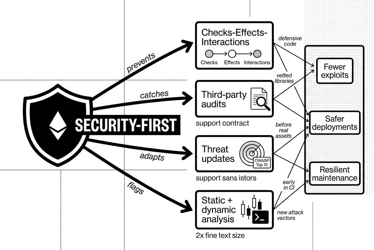 Security-first shield with Ethereum cutout, arrows to audits, threat updates, analysis outcomes.