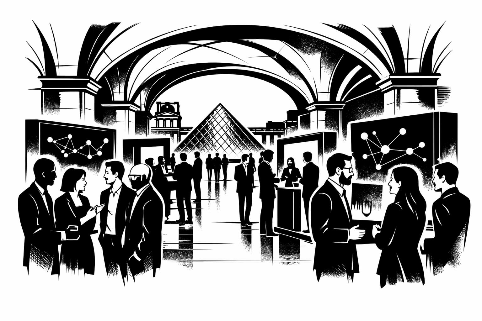 Institutional attendees networking at a Paris blockchain conference venue with Louvre elements