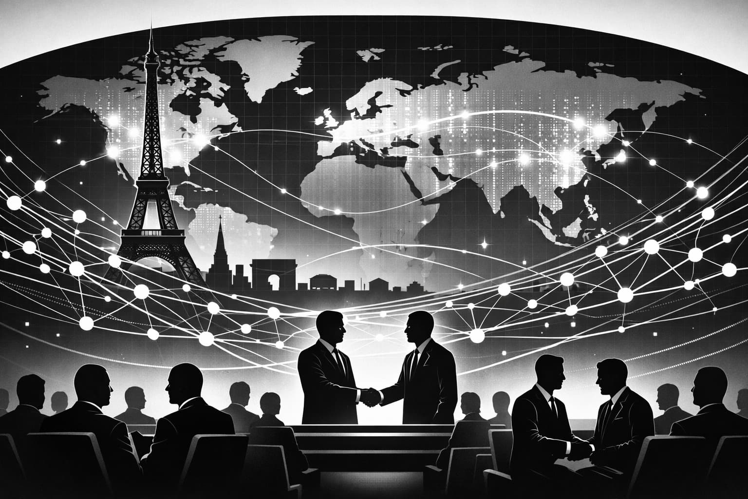 Paris conference scene with blockchain network lines spreading across a global map