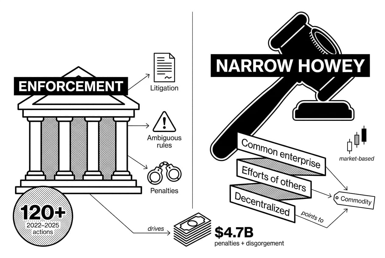 Split infographic comparing SEC enforcement approach versus Paul Atkins-style narrow Howey crypto stance.