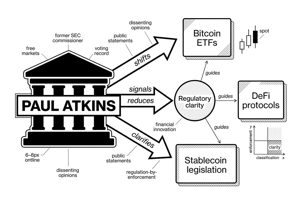 Monochrome SEC building silhouette labeled PAUL ATKINS with arrows to crypto regulation topics.