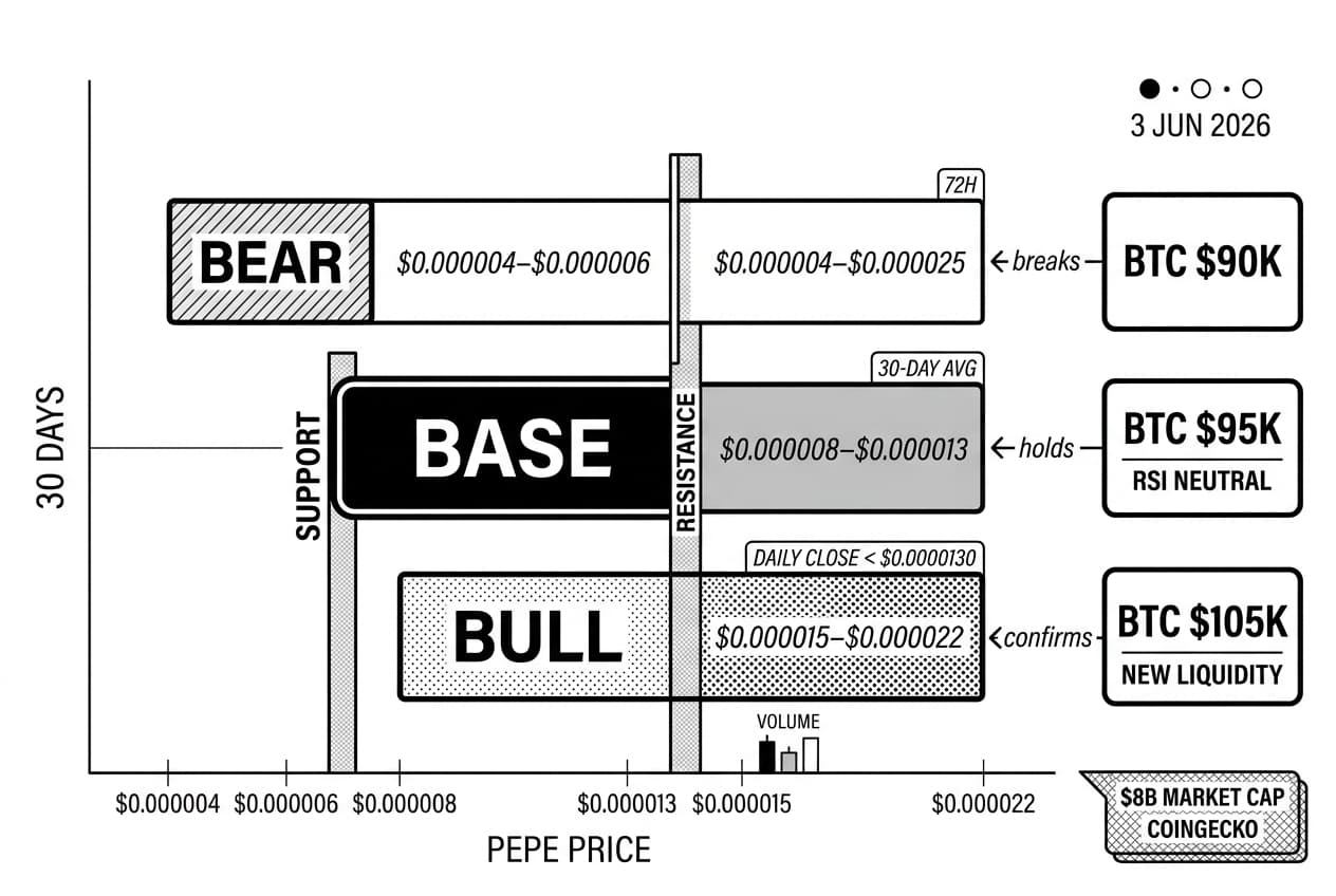 PEPE forecast range-bar showing BTC triggers, support, resistance, and COINGECKO callout