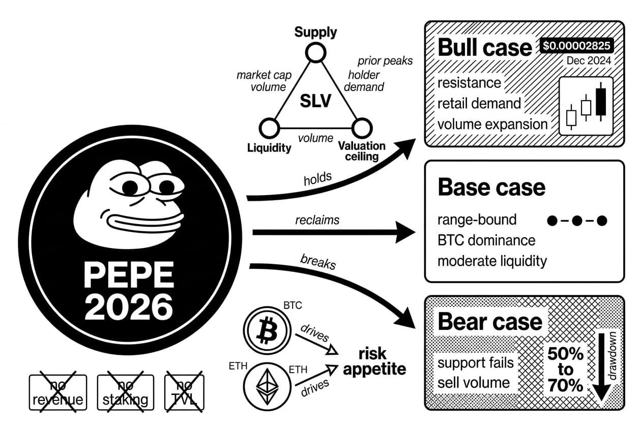 Monochrome Pepe Coin technical analysis flow showing PEPE 2026 scenarios, BTC, and ETH.
