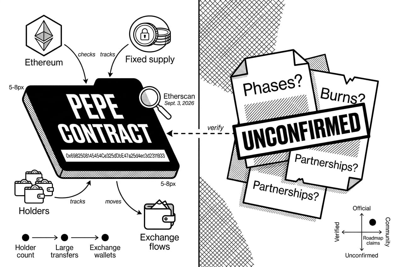 Monochrome PEPE CONTRACT infographic comparing Ethereum Etherscan checks with unconfirmed roadmap claims