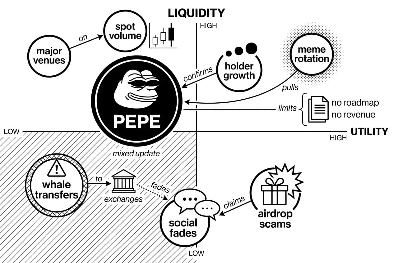 Monochrome PEPE Coin update risk map showing liquidity, utility, signals, and scam warnings.