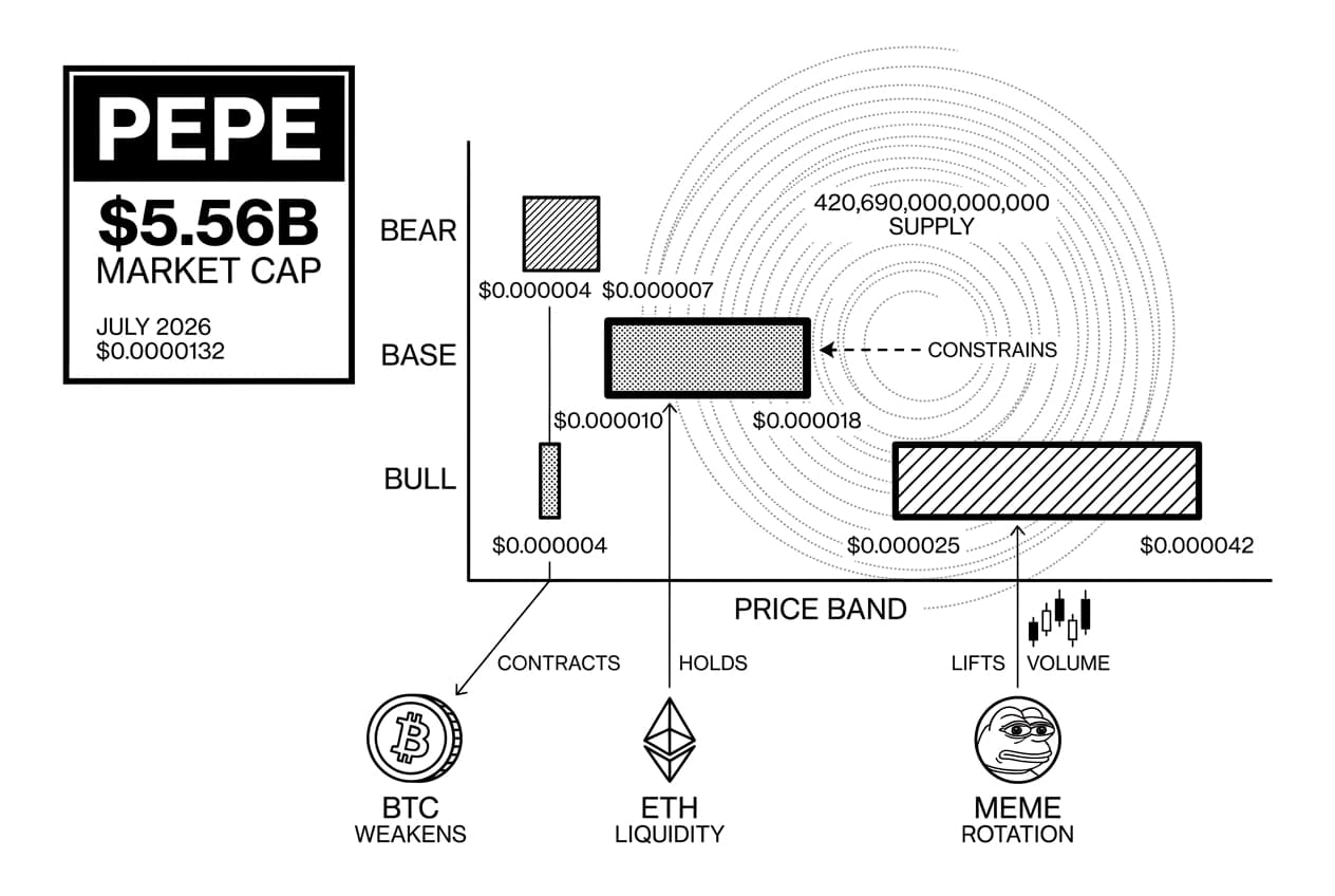 Monochrome PEPE range-bar chart visualizing Pepe Coin 2026 price prediction scenarios.