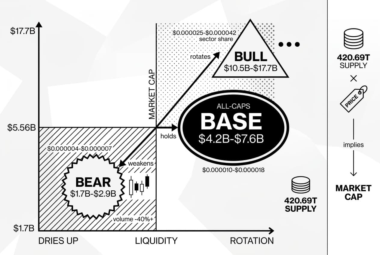 PEPE Coin price prediction 2026 scenario matrix showing bear, base, and bull outcomes