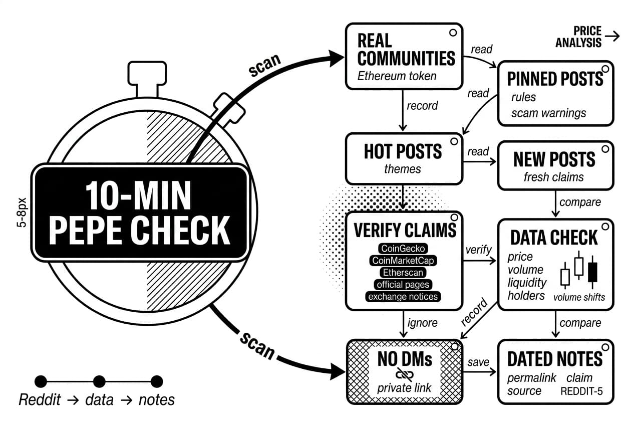 Monochrome PEPE Reddit workflow linking community checks to CoinGecko, CoinMarketCap, Etherscan verification.