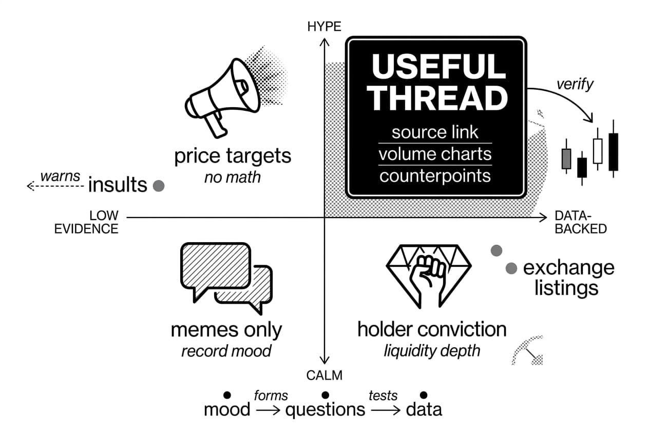 Pepe Coin Reddit scatter infographic sorting hype, evidence, holder mood, and useful threads.