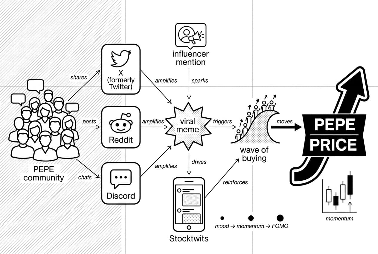 Monochrome flowchart showing PEPE community, social platforms, and viral meme driving PEPE PRICE upward.