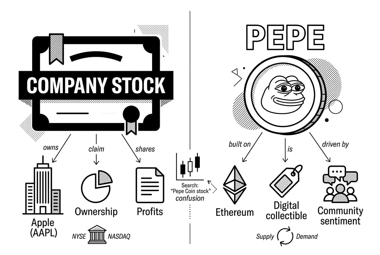 Split STOCK vs CRYPTO infographic showing PEPE coin on Ethereum, not company stock.