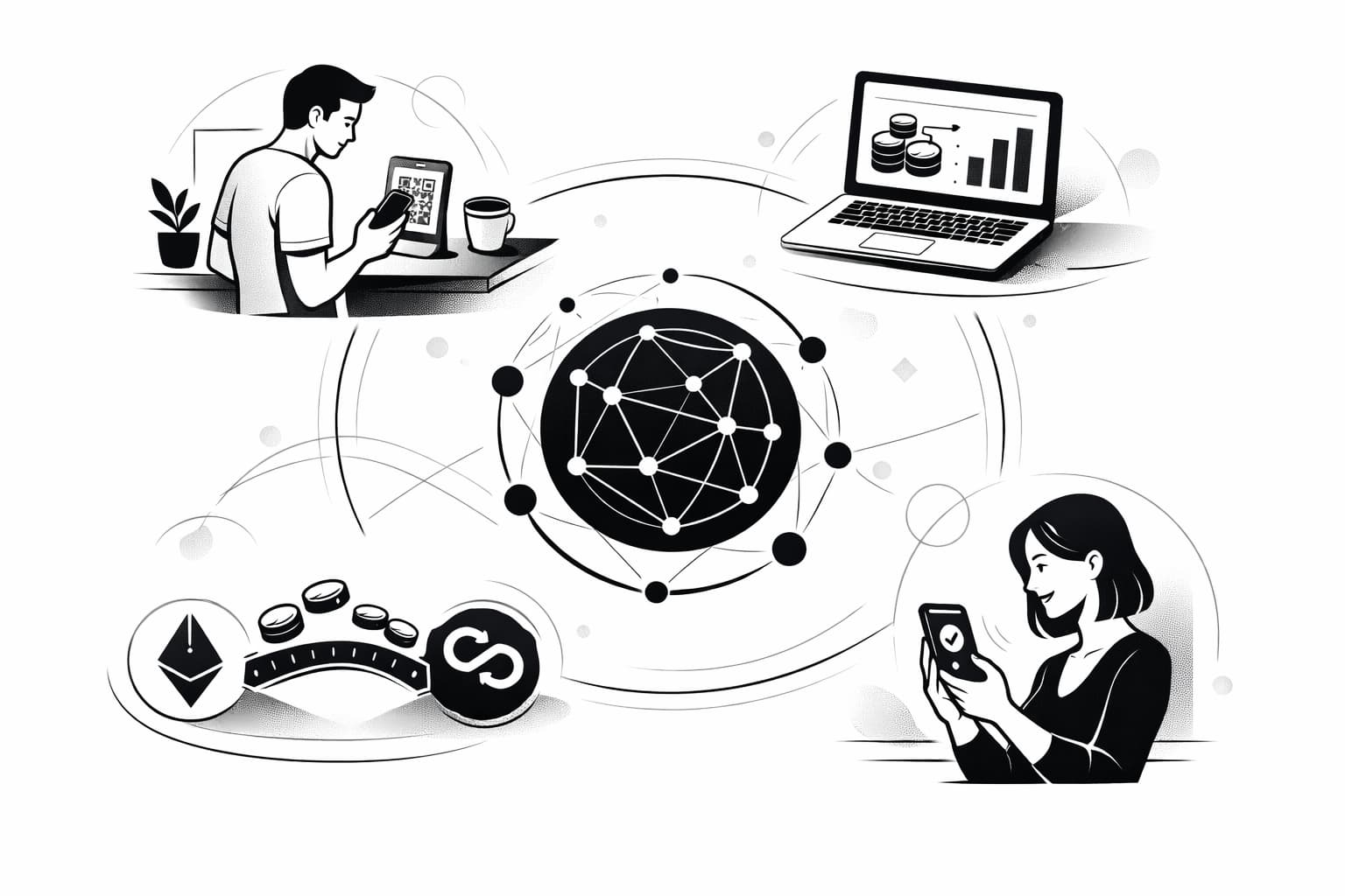 Illustration of Polygon stablecoin use cases: payments, DeFi, bridging, and payouts