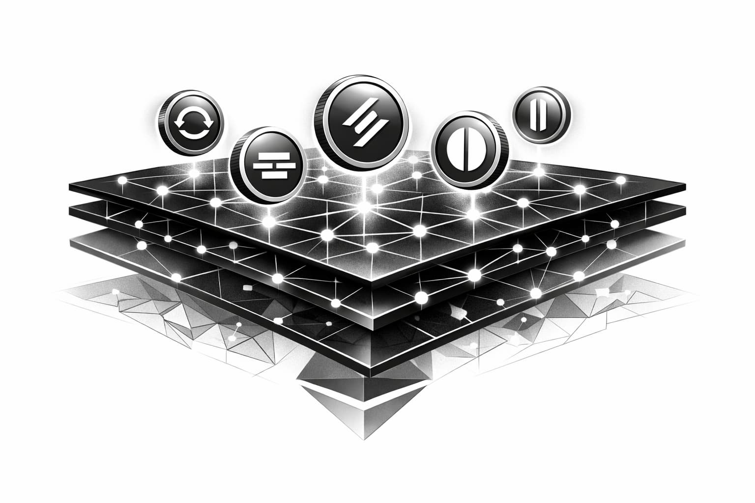 Stablecoin tokens floating above Polygon Layer 2 network with connected nodes