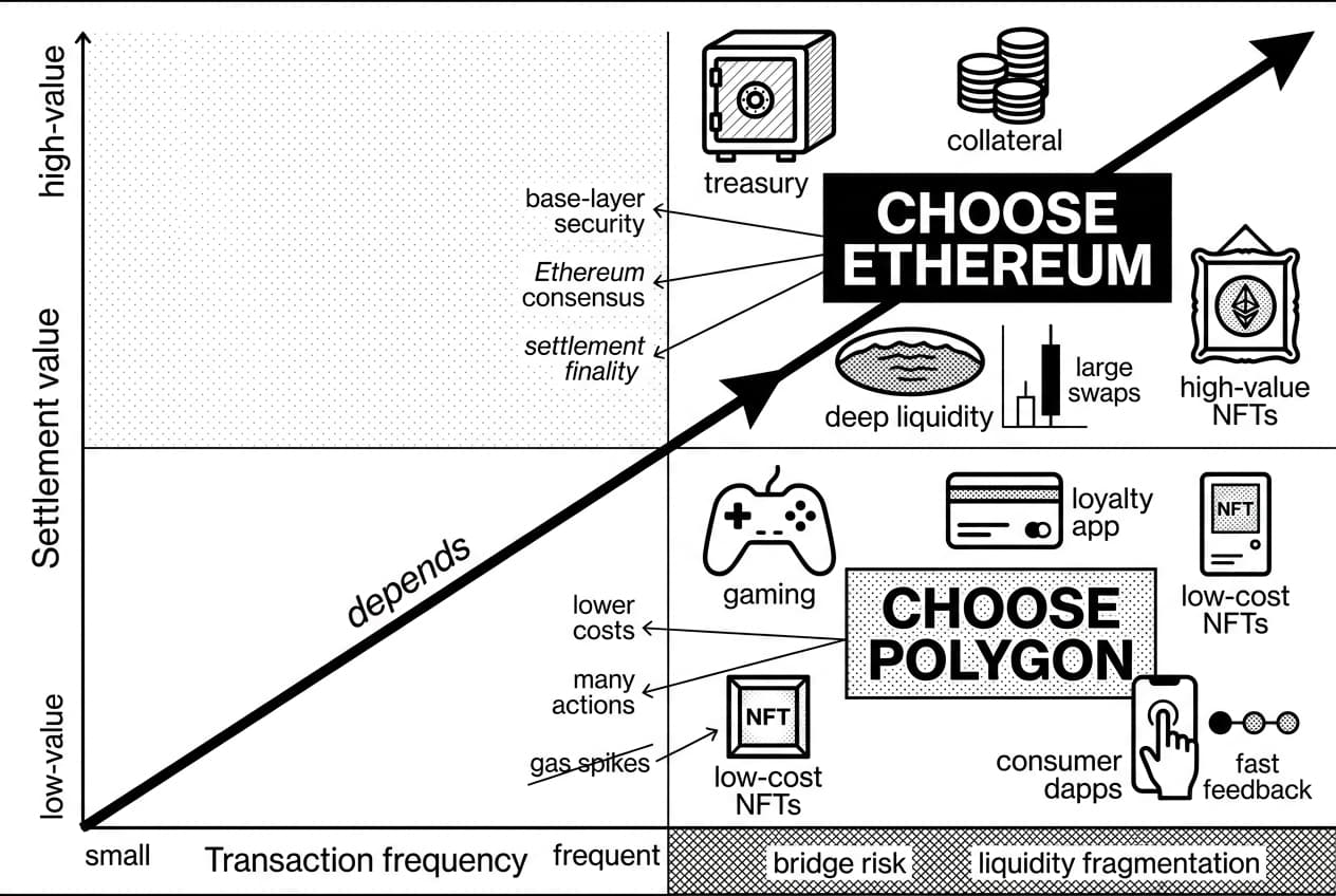 Decision matrix comparing Ethereum and Polygon choices by settlement value and transaction frequency.