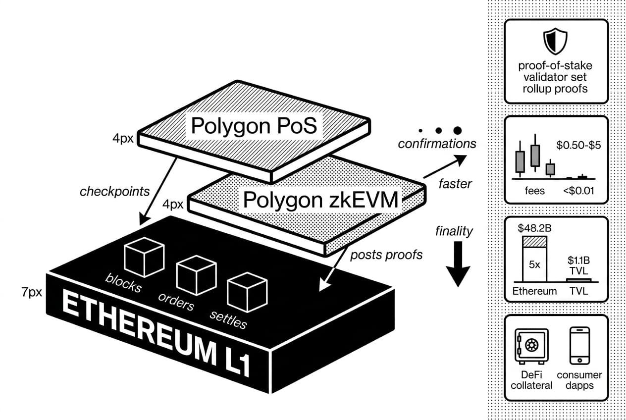 Infographic comparing Ethereum L1, Polygon PoS, and Polygon zkEVM settlement layers.
