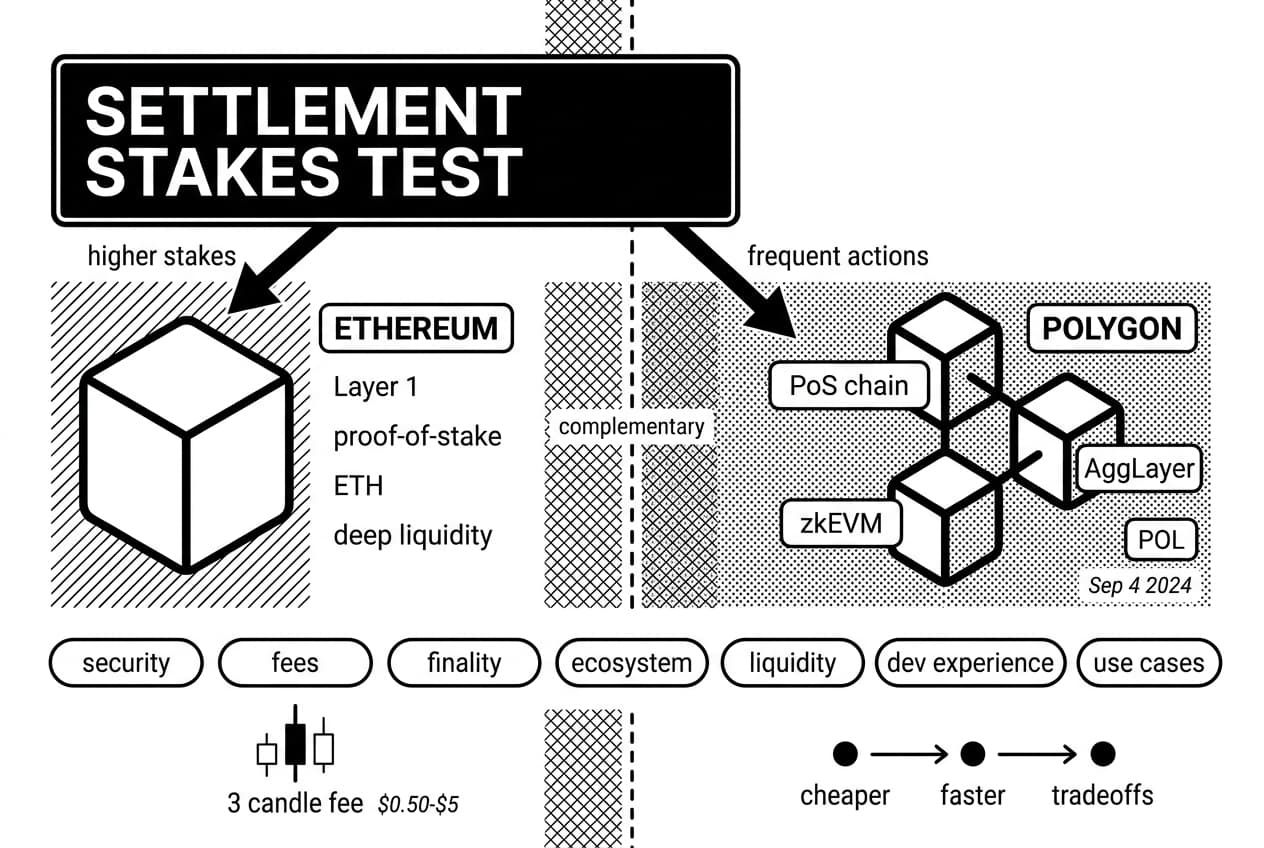 Monochrome Polygon vs Ethereum infographic comparing Layer 1 ETH settlement with POL, zkEVM, AggLayer scaling
