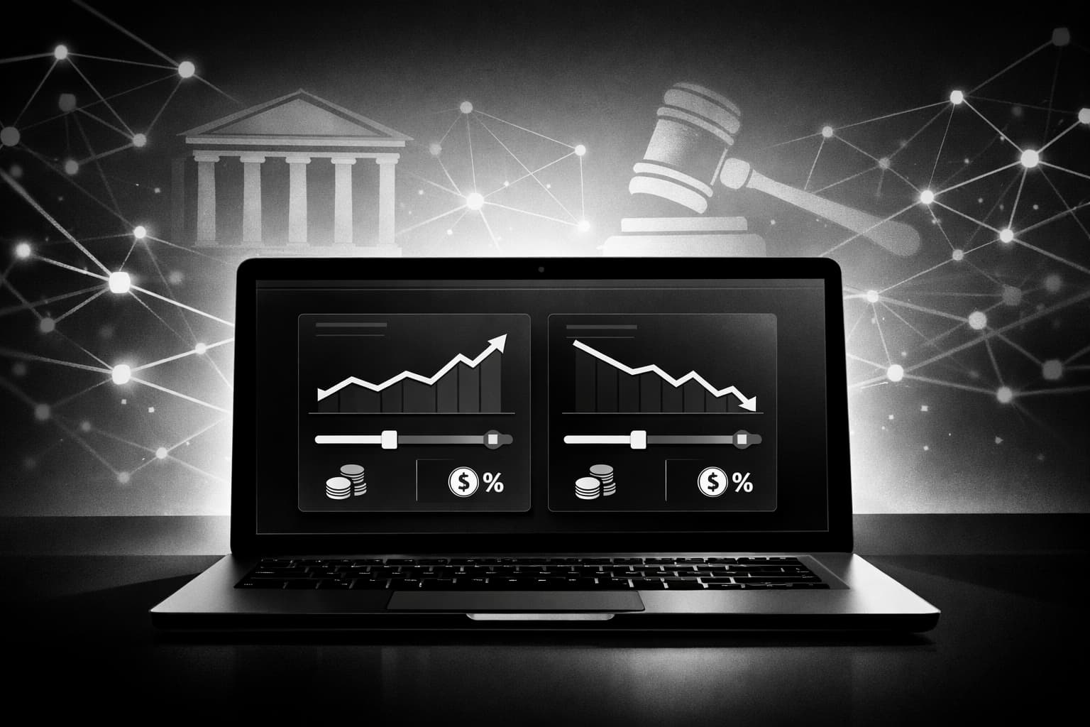 Laptop showing prediction market interface with crypto and regulatory comparison elements