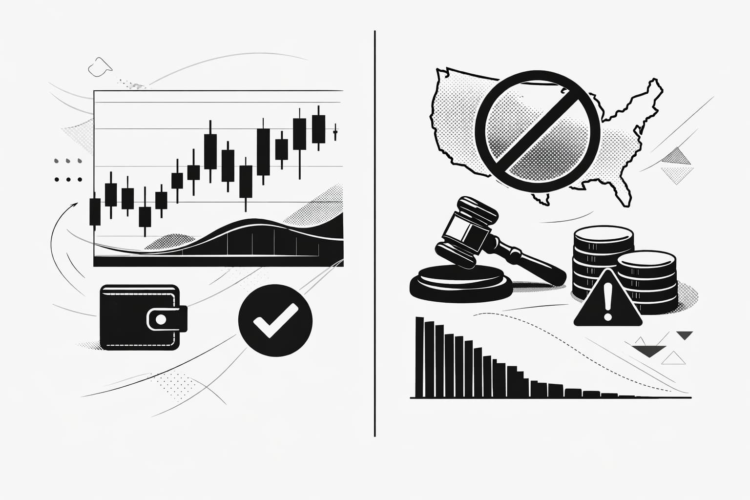 Split illustration showing Polymarket advantages versus drawbacks in a modern trading interface