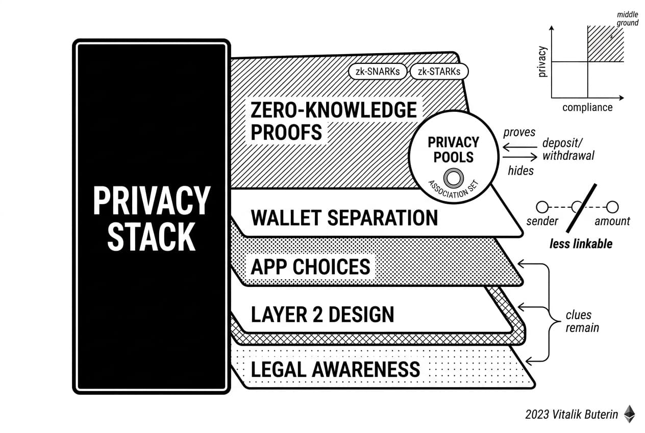Ethereum Privacy Pools infographic with Association Set, zk-SNARKs, zk-STARKs, Vitalik Buterin, and less-linkable transfers.