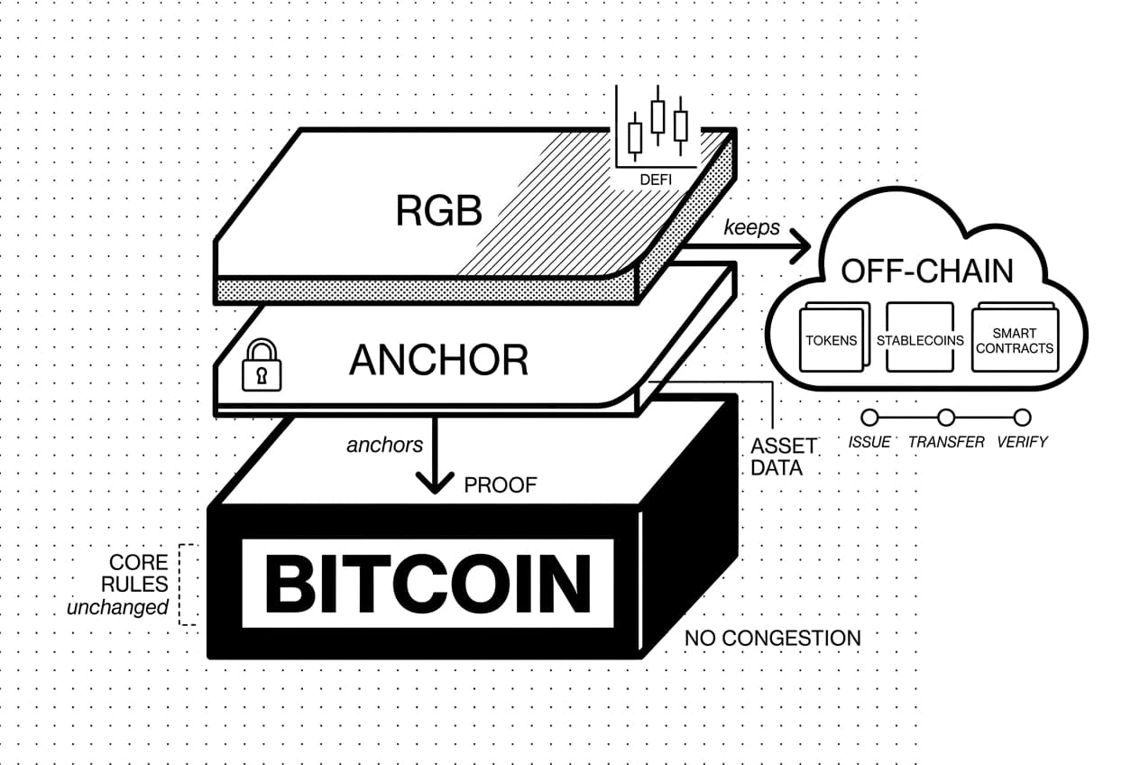 Monochrome layered diagram showing RGB over Bitcoin anchor, off-chain cloud for tokens.