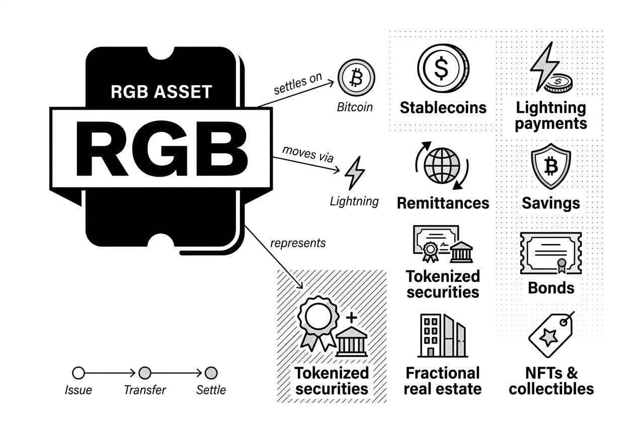 Monochrome infographic showing RGB token badge with arrows to eight Bitcoin Lightning use cases.