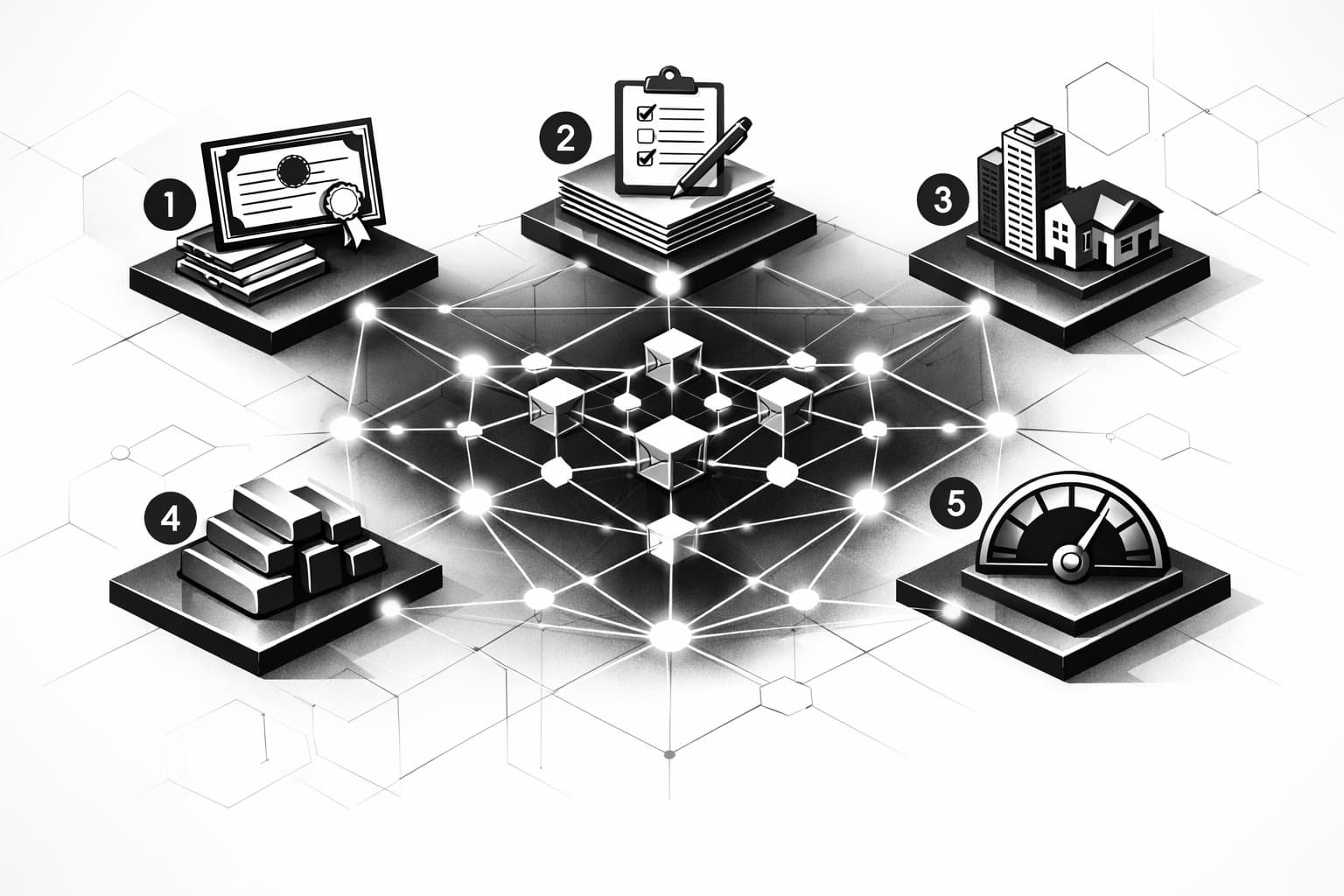Blockchain network linking treasuries, credit, real estate, and commodities icons