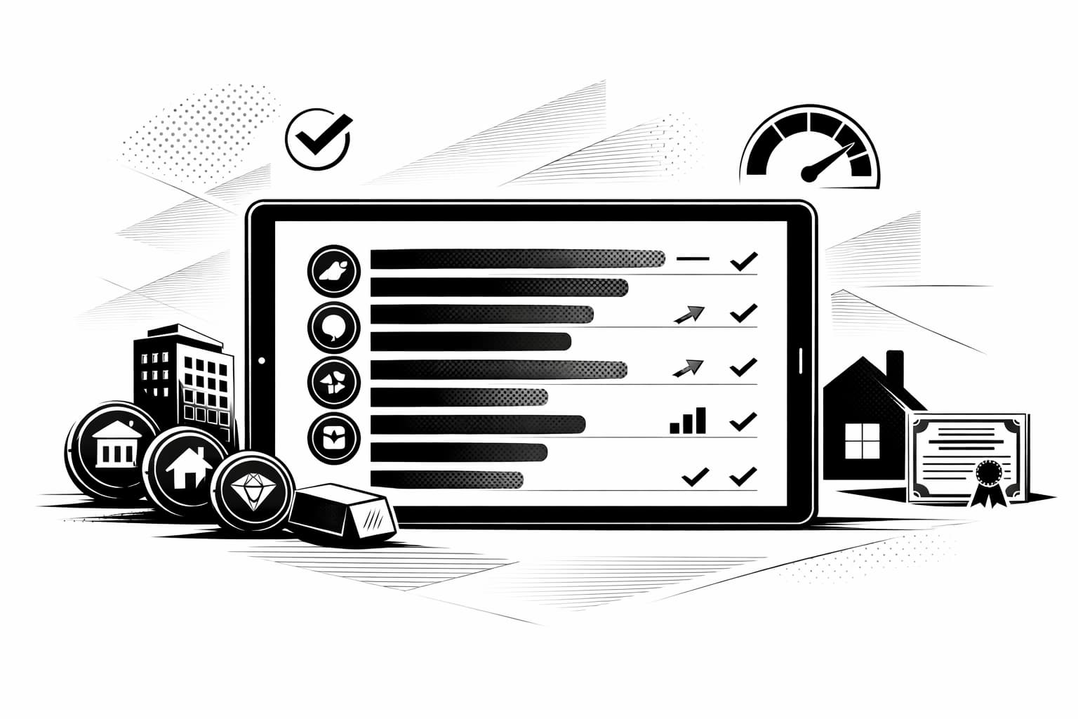 Illustration of ranked RWA crypto tokens with real-world asset category icons