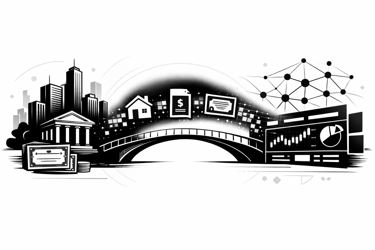 Illustration of tokenized real-world assets bridging traditional finance and DeFi networks