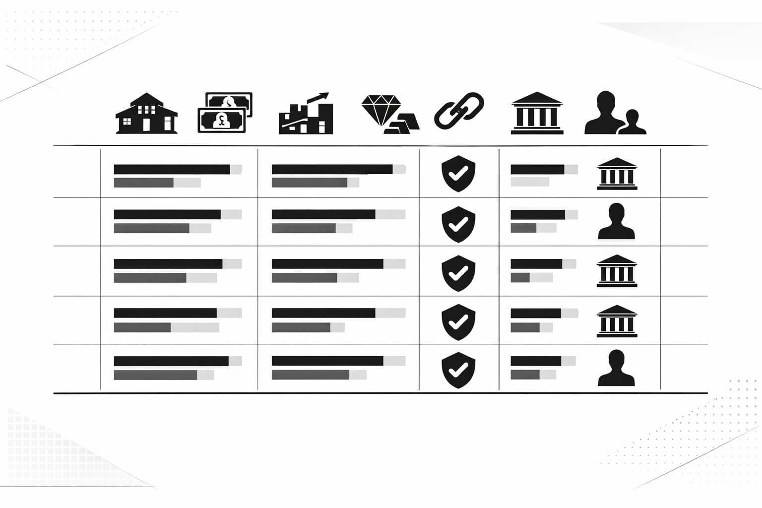 Comparison dashboard showing RWA tokenization companies across metrics and compliance icons