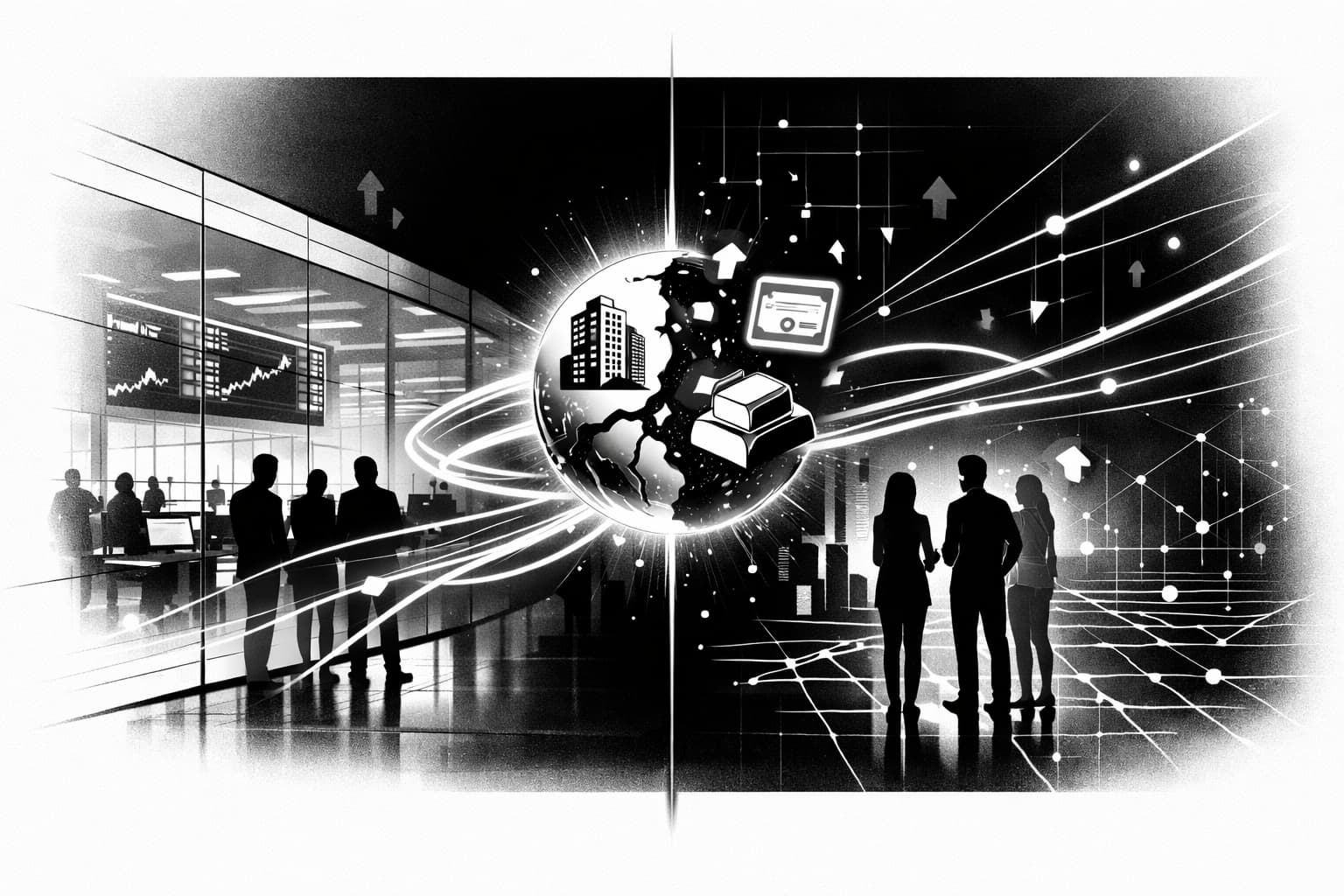 Illustration of tokenized real-world assets linking crypto networks and traditional finance markets