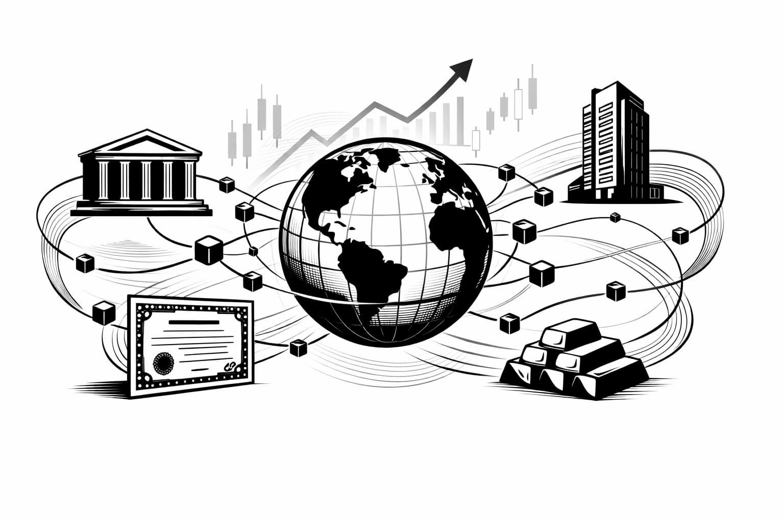 Illustration of tokenized real-world assets connected to institutions and markets worldwide