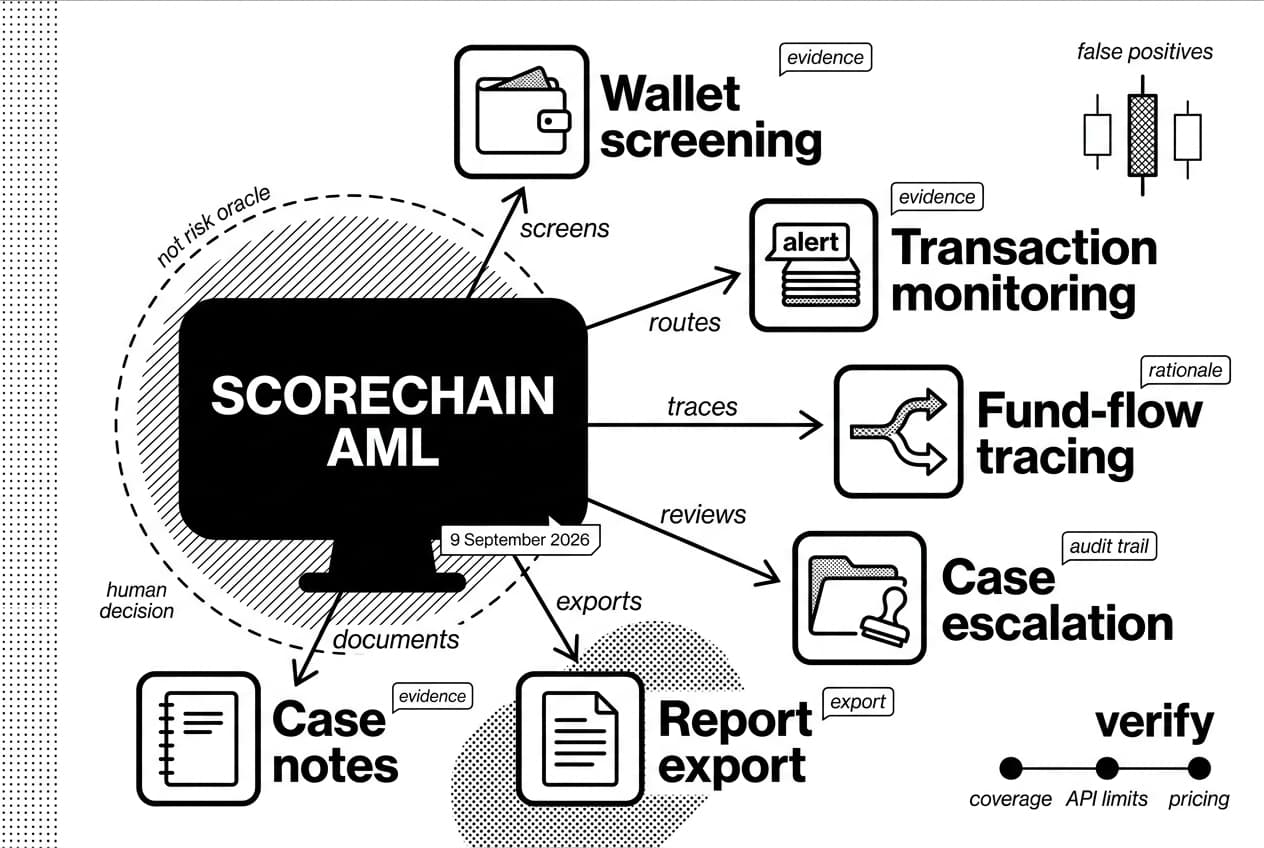Monochrome SCORECHAIN AML compliance analytics infographic mapping wallet screening, tracing, and report exports.
