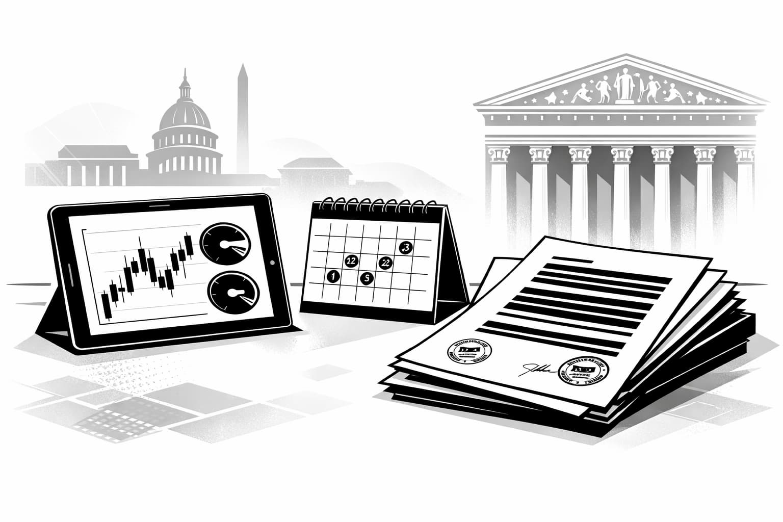 Illustration of US altcoin ETF outlook with filings, calendar, and market charts