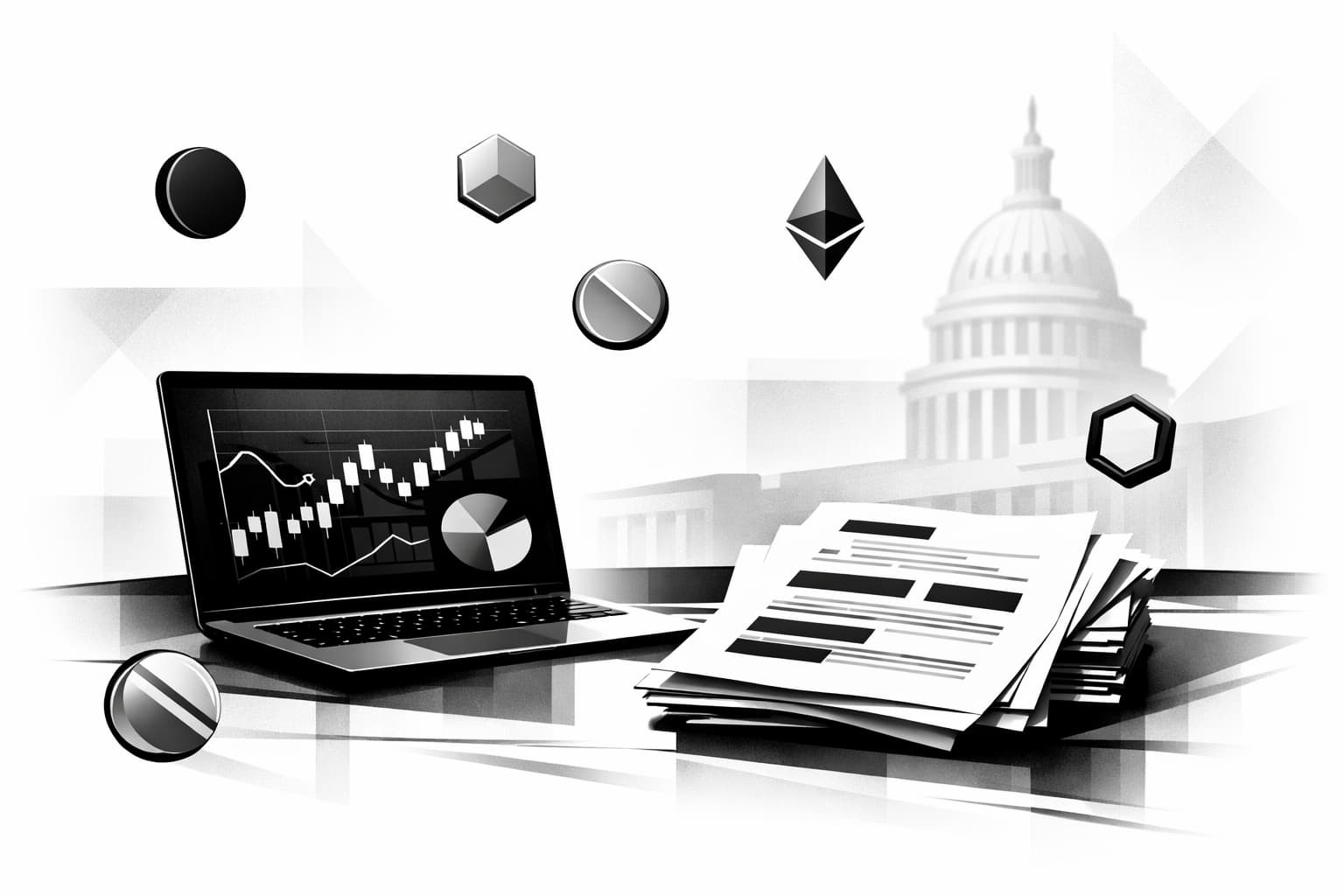 Investor desk scene with regulatory documents and icons for major crypto assets