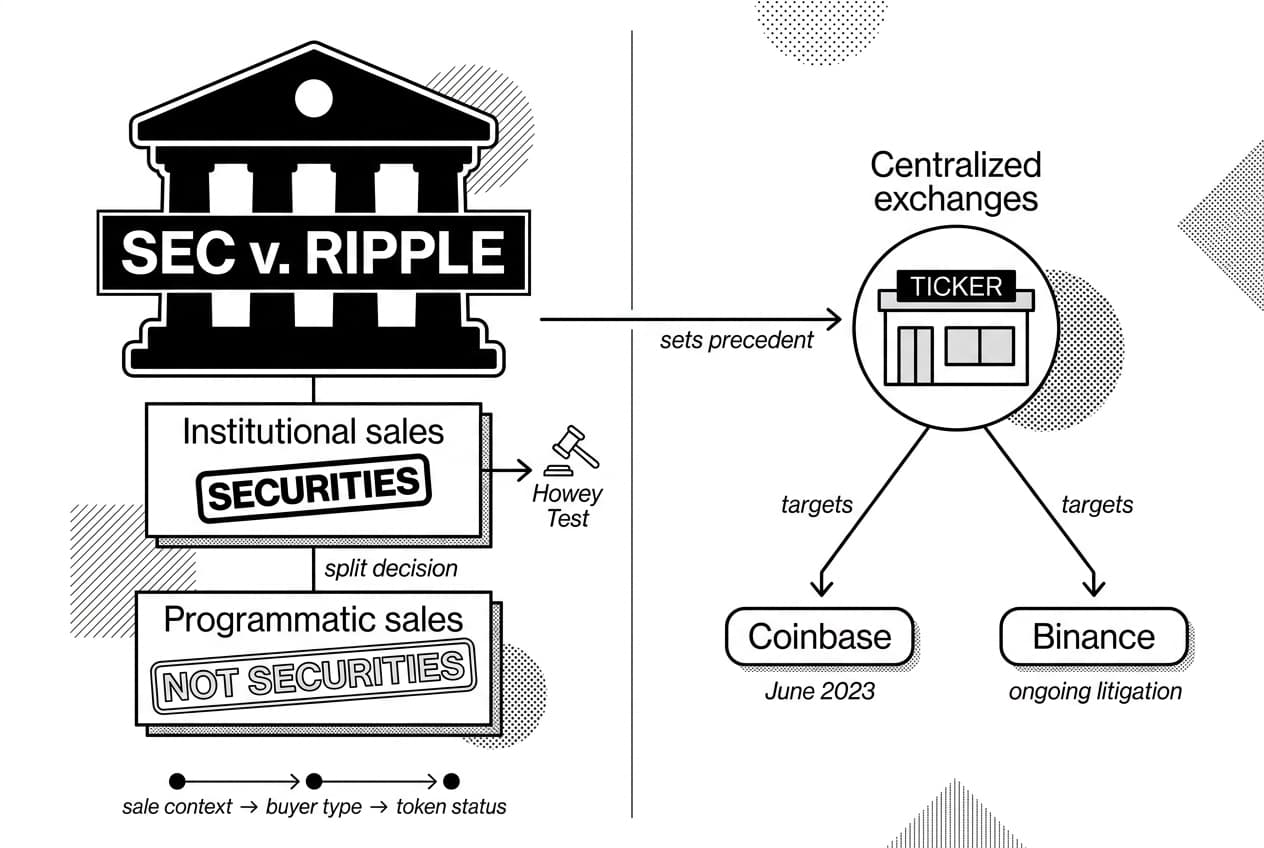 Monochrome split infographic showing SEC v. RIPPLE outcomes and exchange enforcement actions timeline.