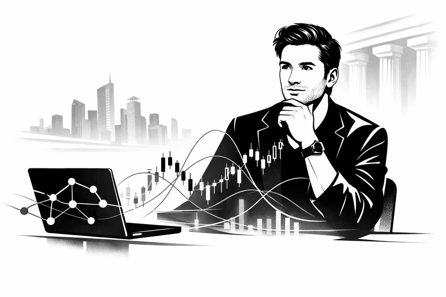 Illustration of Shayne Coplan as a blockchain prediction markets founder in office