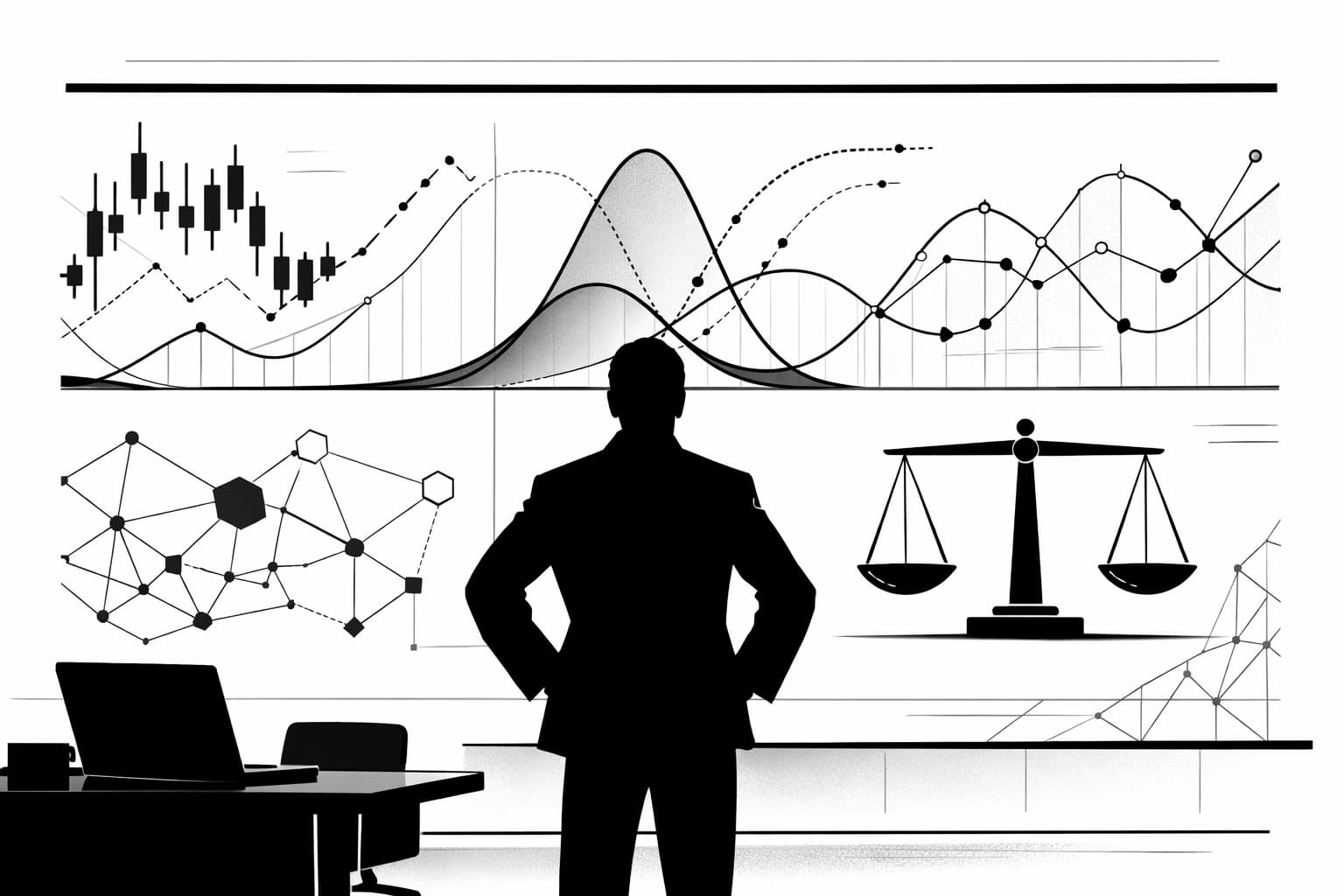 Illustration of Polymarket-style prediction charts and a founder silhouette assessing valuation