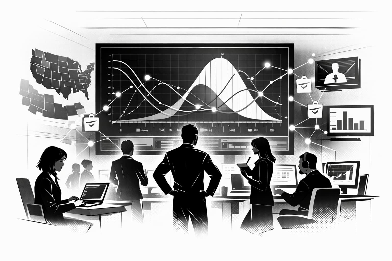 Newsroom and finance analysts watching election prediction market charts and real-time odds