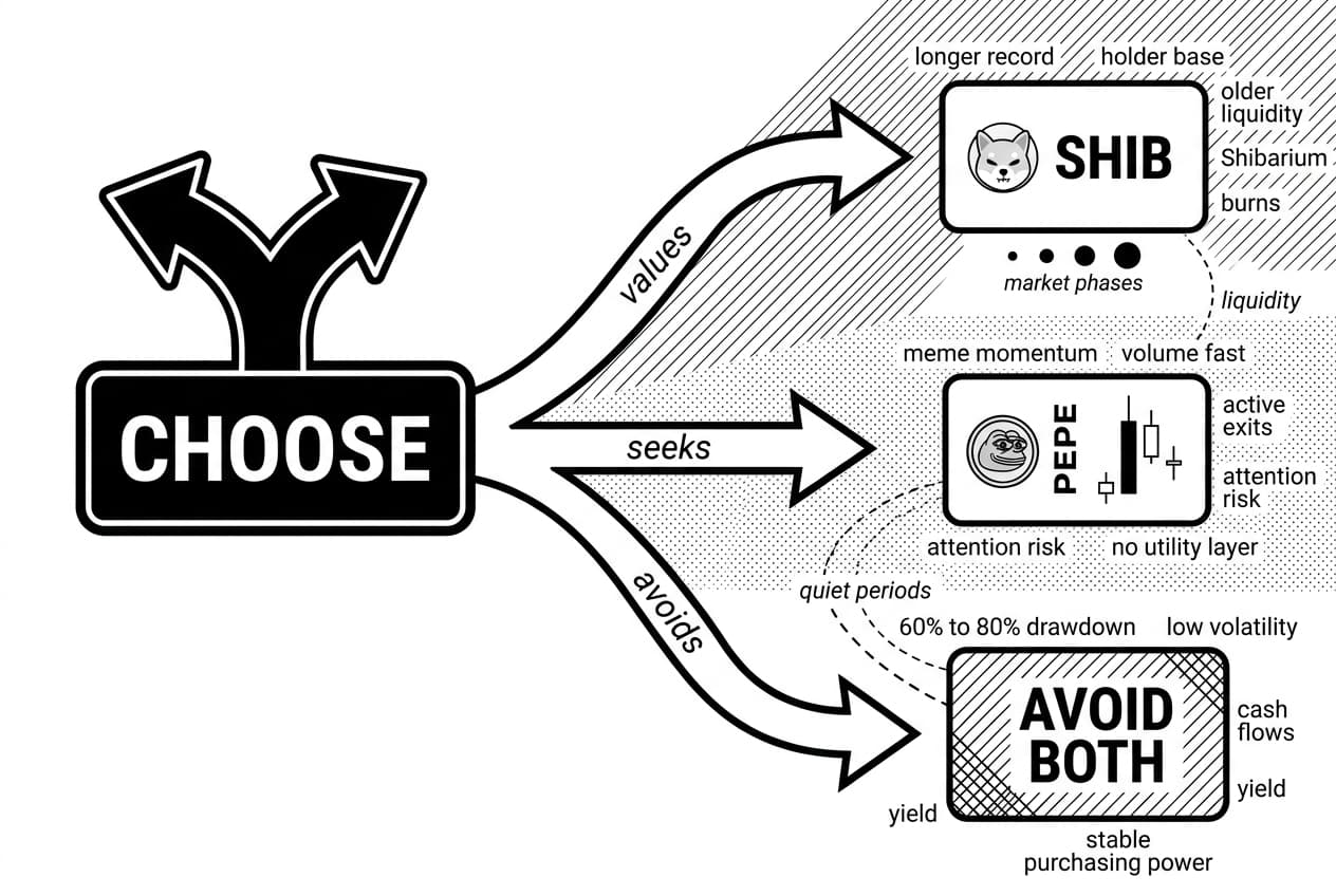Decision diagram comparing SHIB, PEPE, Shibarium, and AVOID BOTH meme coin paths