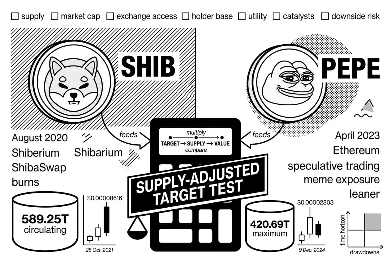 Monochrome Shiba Inu vs Pepe Coin infographic comparing supply, catalysts, and risk.