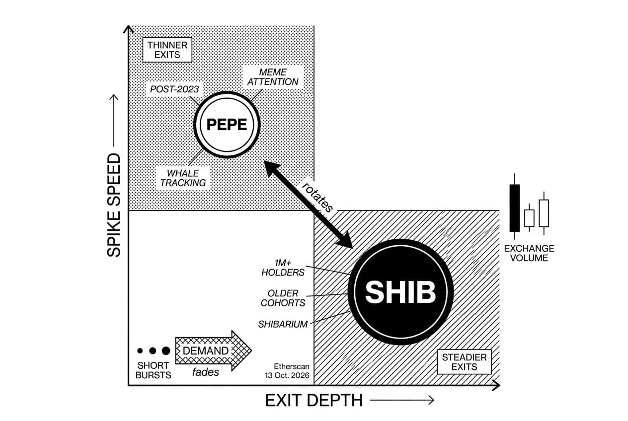 Monochrome SHIB and PEPE matrix for Shiba Inu vs Pepe Coin exit liquidity.