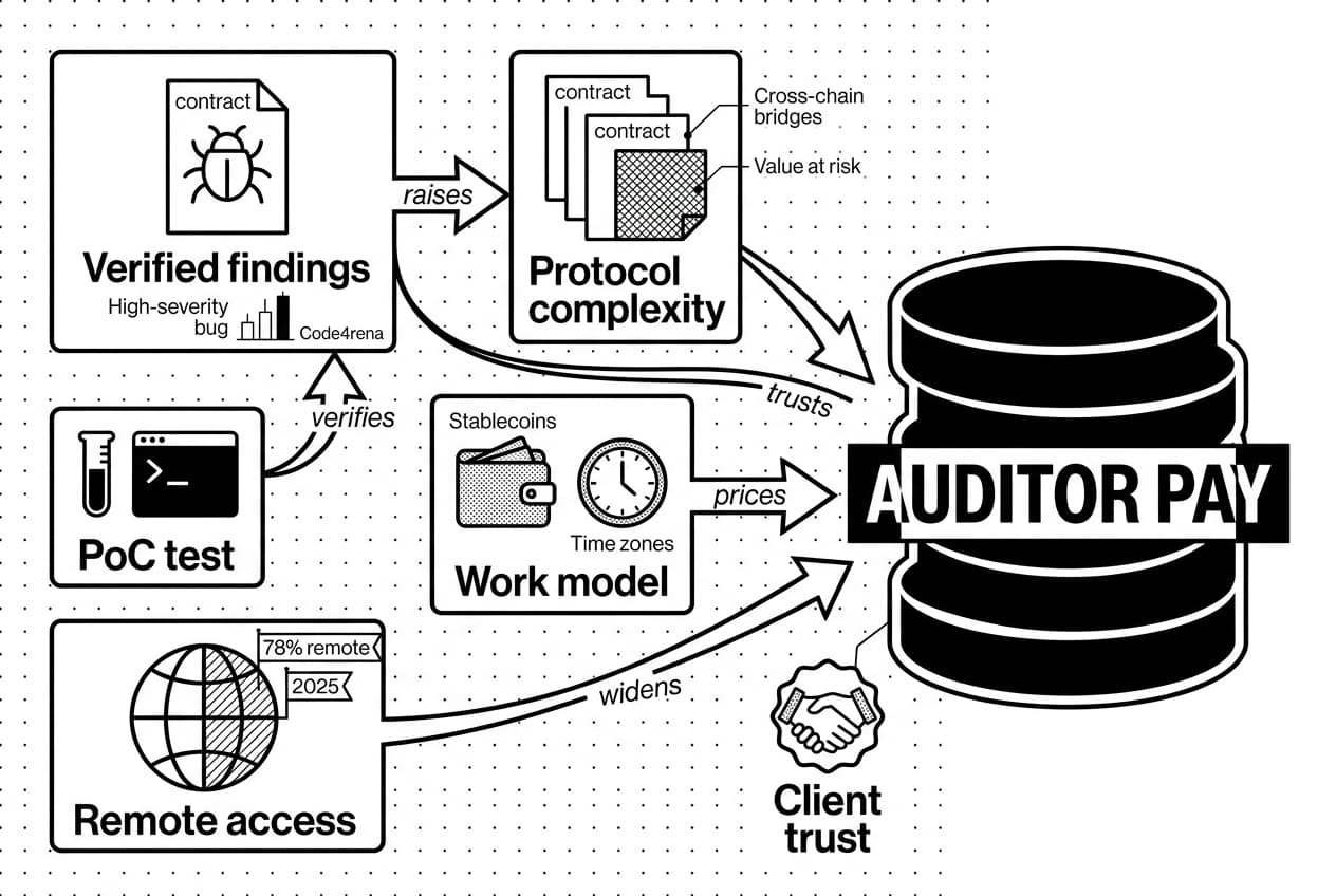 Monochrome infographic showing Code4rena findings and work factors affecting smart contract auditor pay.