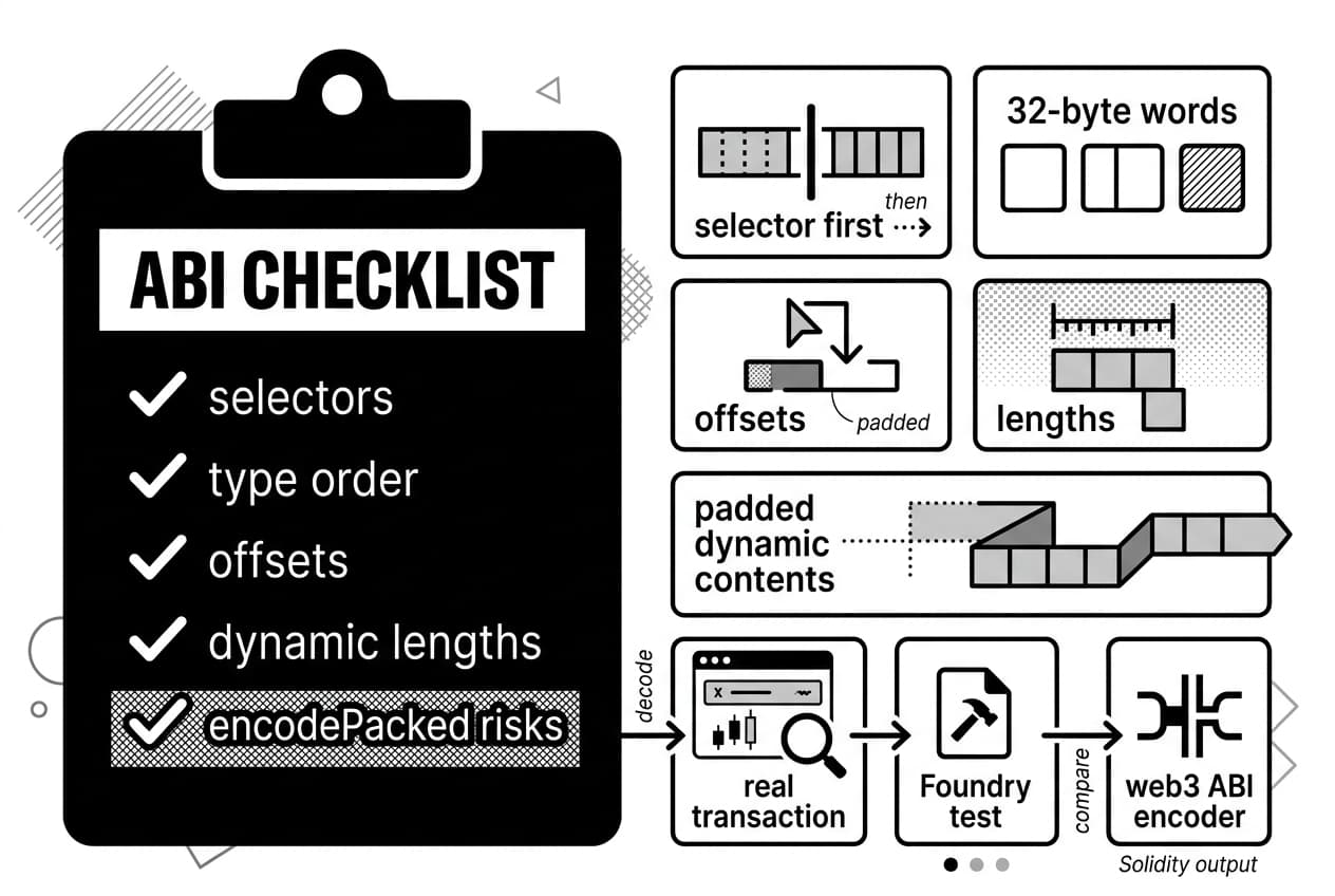 Monochrome Solidity ABI checklist with Foundry test and web3 ABI encoder comparison cards