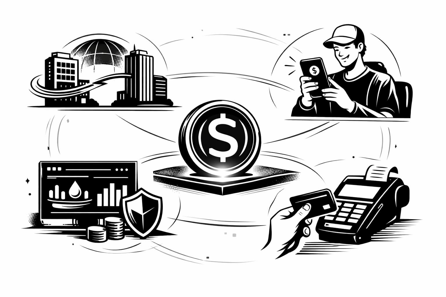 Illustration of stablecoin use cases: cross-border business payments, payroll, DeFi, retail checkout.
