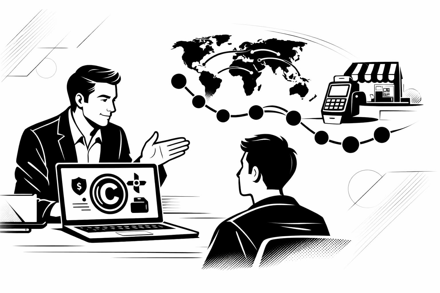 Mentor and beginner reviewing stablecoin basics with global payment and business visuals